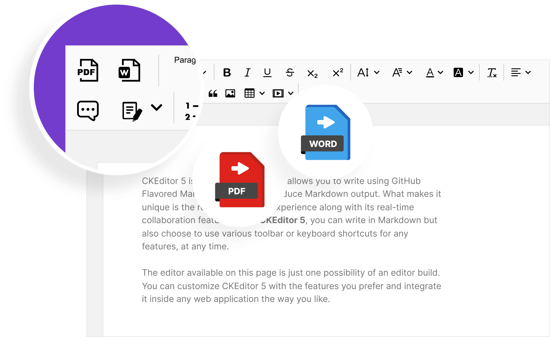 Editor with emphasized possibility to export content to pdf/word file